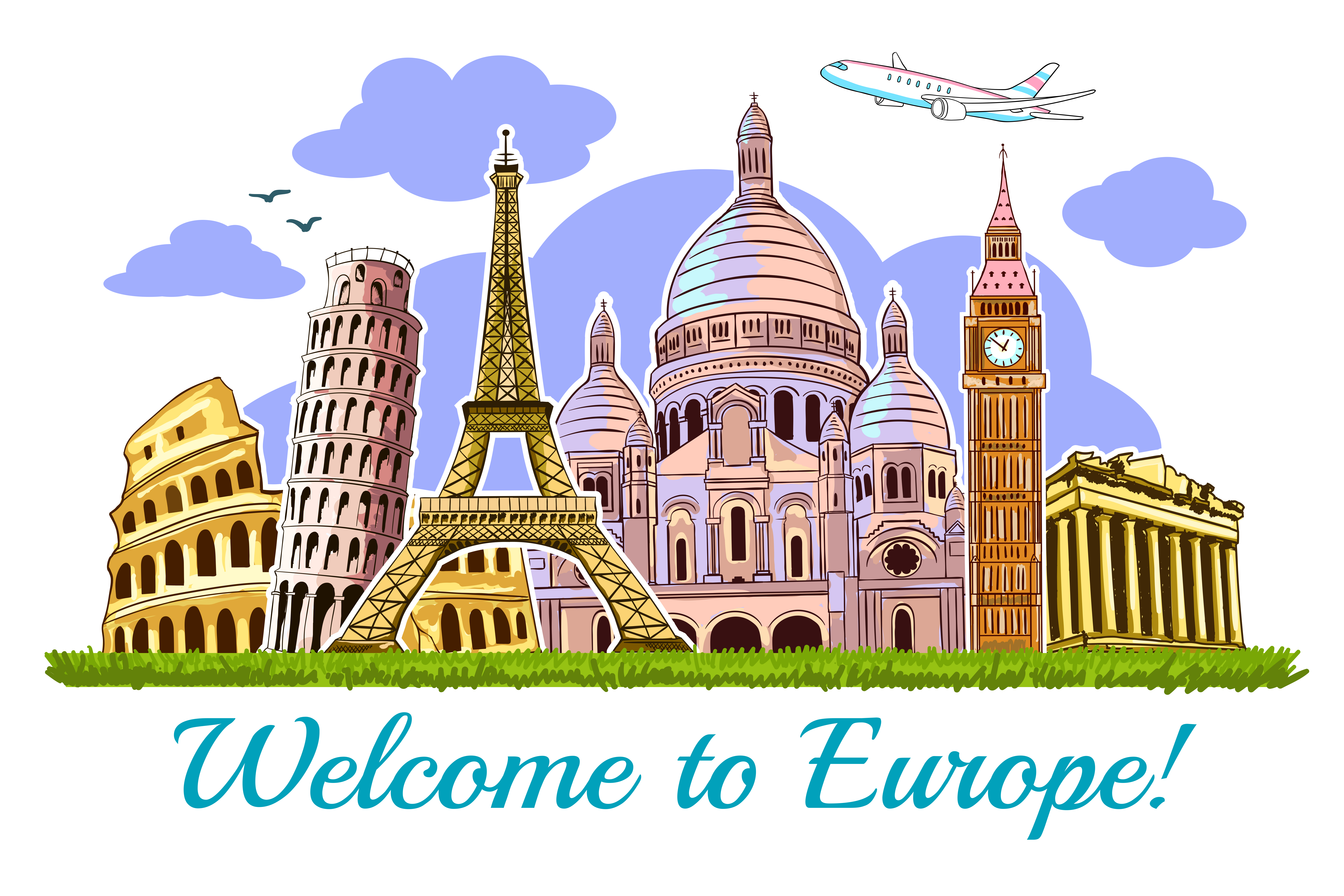 Colored europe buildings travel poster with building of  the main attractions of Europe vector illustration